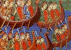image d'une représentation de l'invasion viking sur tapisserie médiévale.